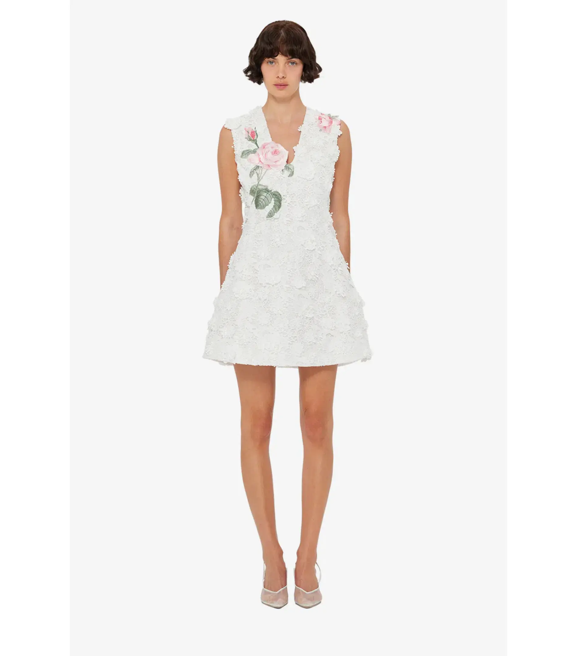 Leo Lin Briana V Neck Embroidered Lace Mini Dress in Snow Size AU 8 - Image 1