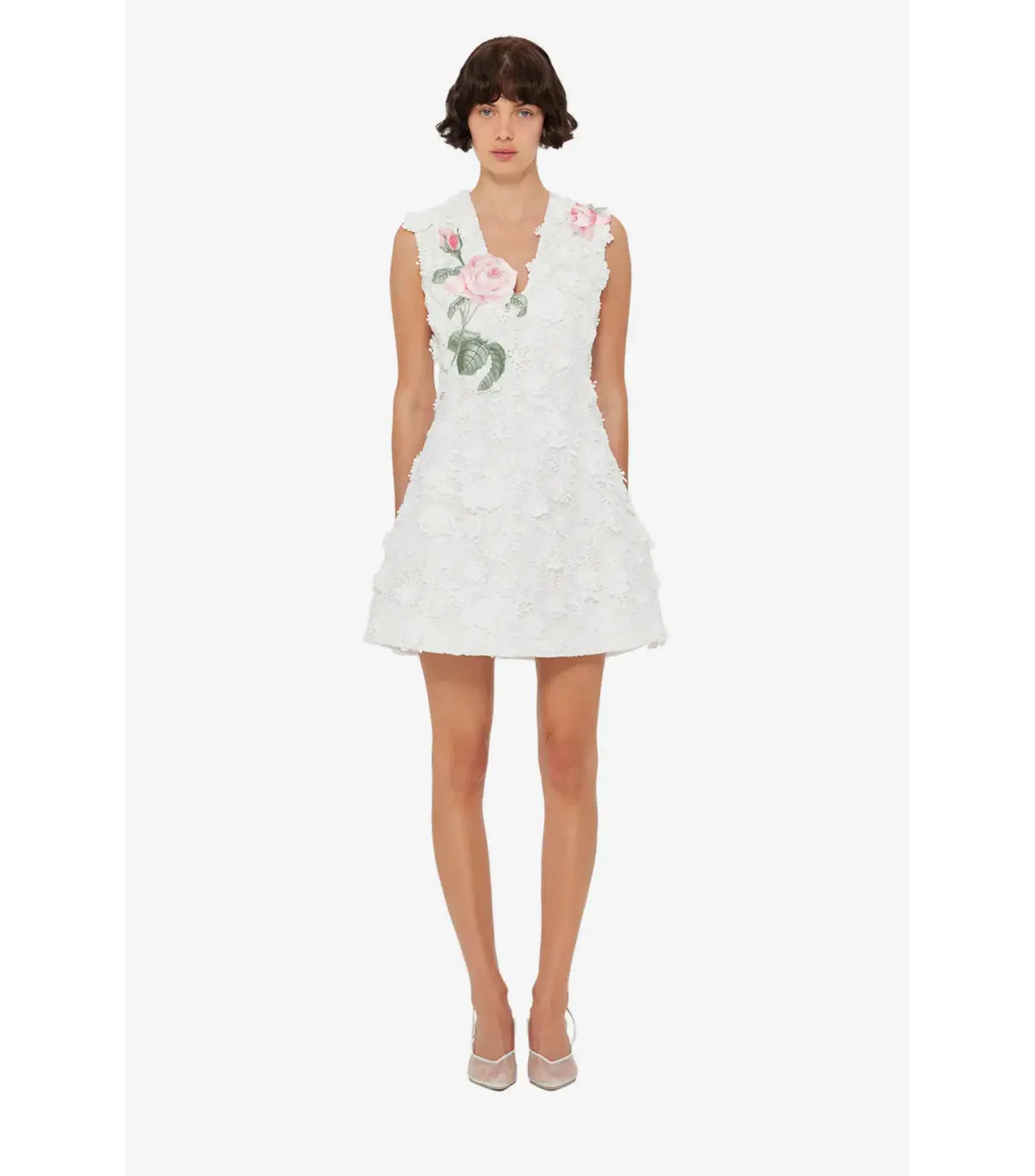 Leo Lin Briana V Neck Embroidered Lace Mini Dress in Snow Size AU 10 - Image 1