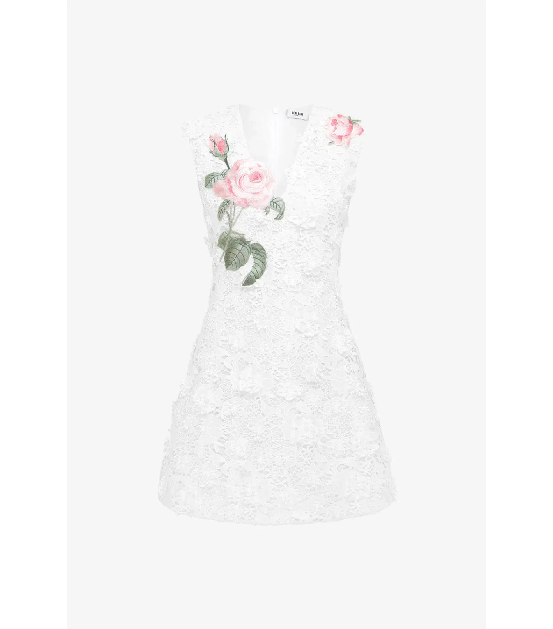 Leo Lin Briana V Neck Embroidered Lace Mini Dress in Snow Size AU 12 - Image 4