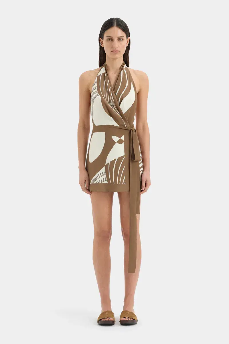 Sir the label ALMARA wrap halter mini dress espresso stripe size 3/12 - Image 1