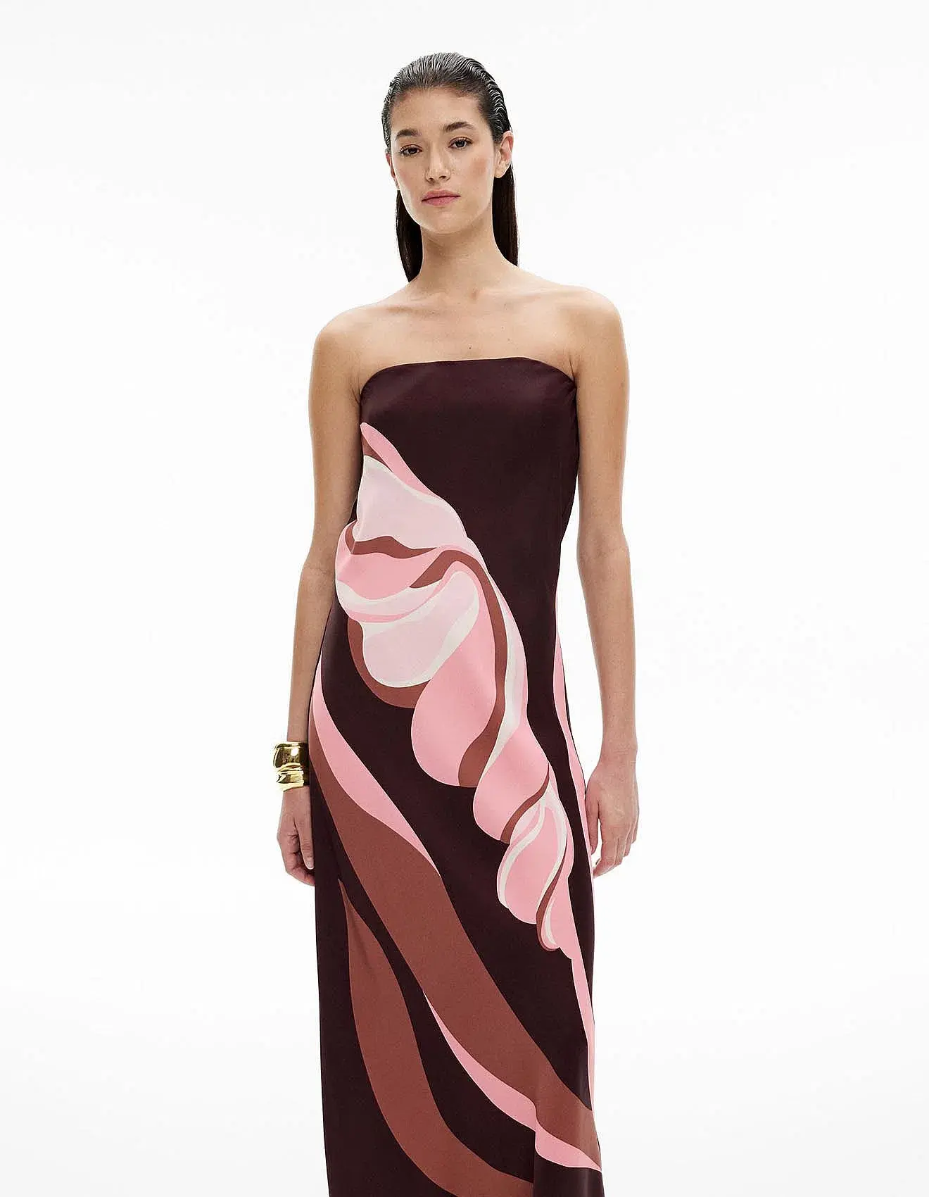 Witchery Strapless Maxi Dress Aubergine Print Size AU 8 - Image 1
