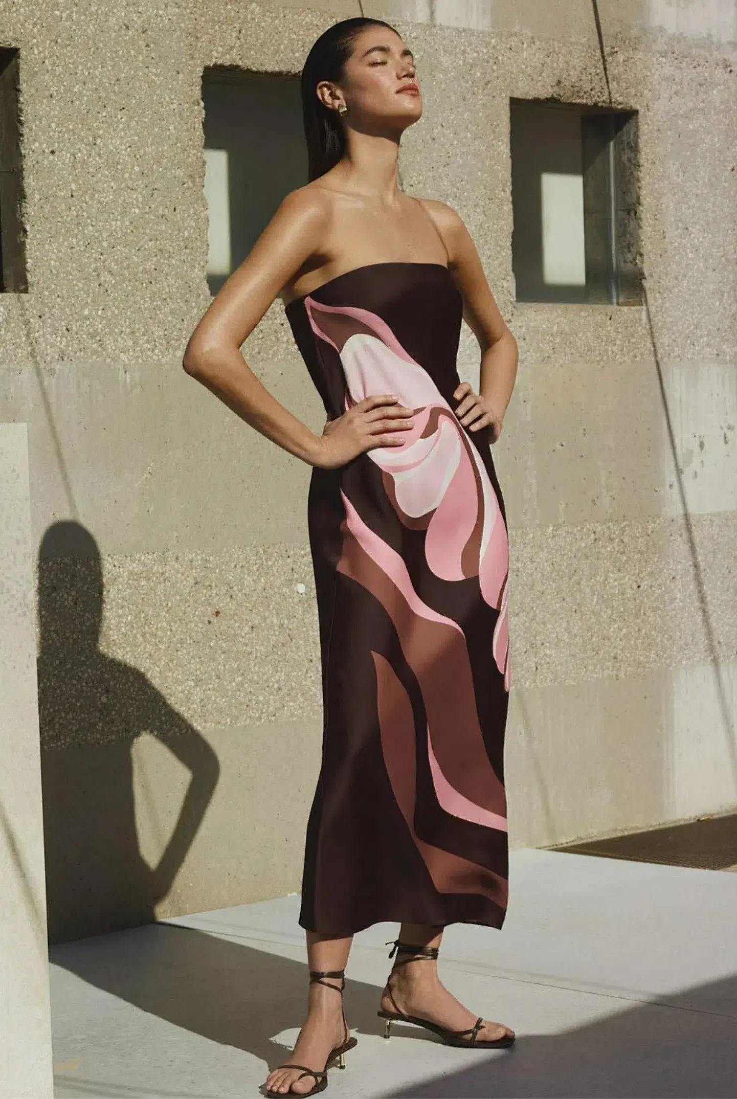 Witchery Strapless Maxi Dress Aubergine Print Size AU 8 - Image 2
