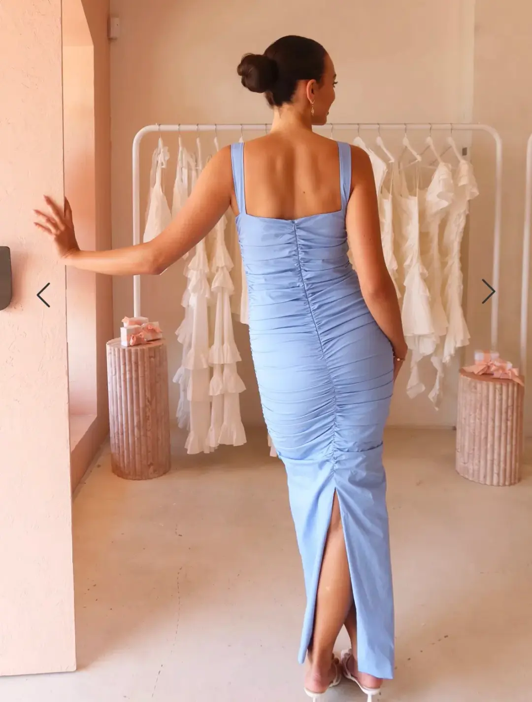 By Nicola Bay Gathered Maxi Dress Blue Size 10  for rent on The Volte - main image