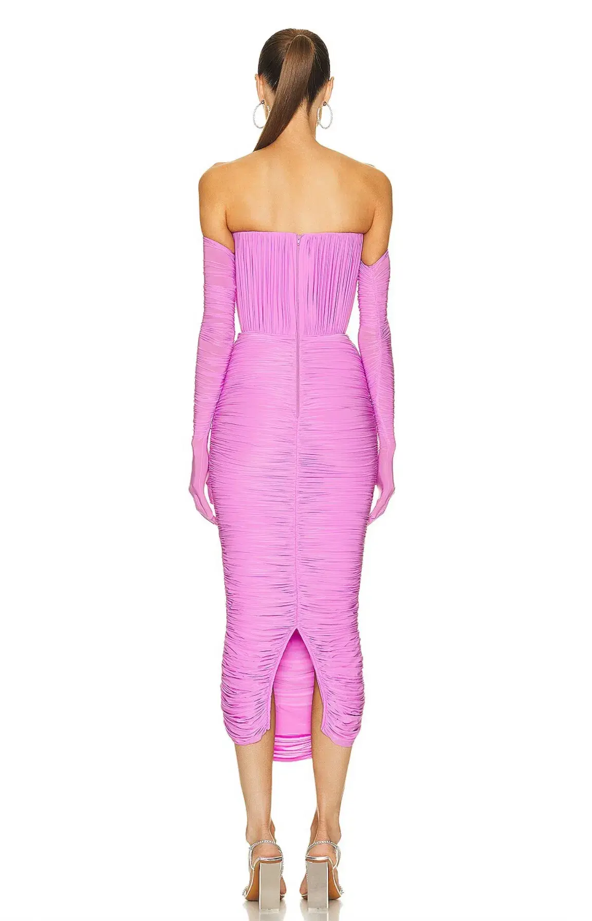 ALEX PERRY Prescott Lycra Ruched Cup Midi Dress with Gloves Pink AU 10 - Image 3