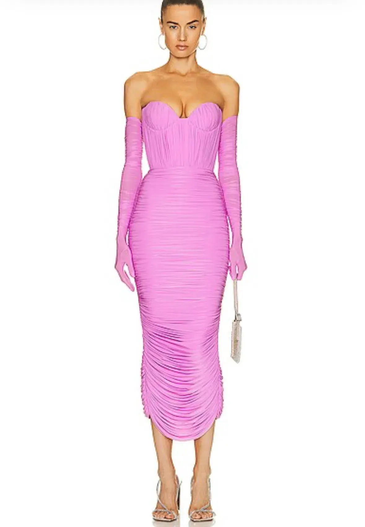 ALEX PERRY Prescott Lycra Ruched Cup Midi Dress with Gloves Pink AU 10 - Image 1