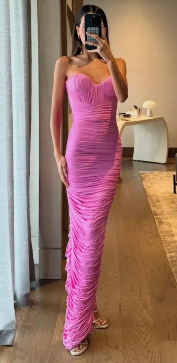 ALEX PERRY Prescott Lycra Ruched Cup Midi Dress with Gloves Pink AU 10 - Image 1