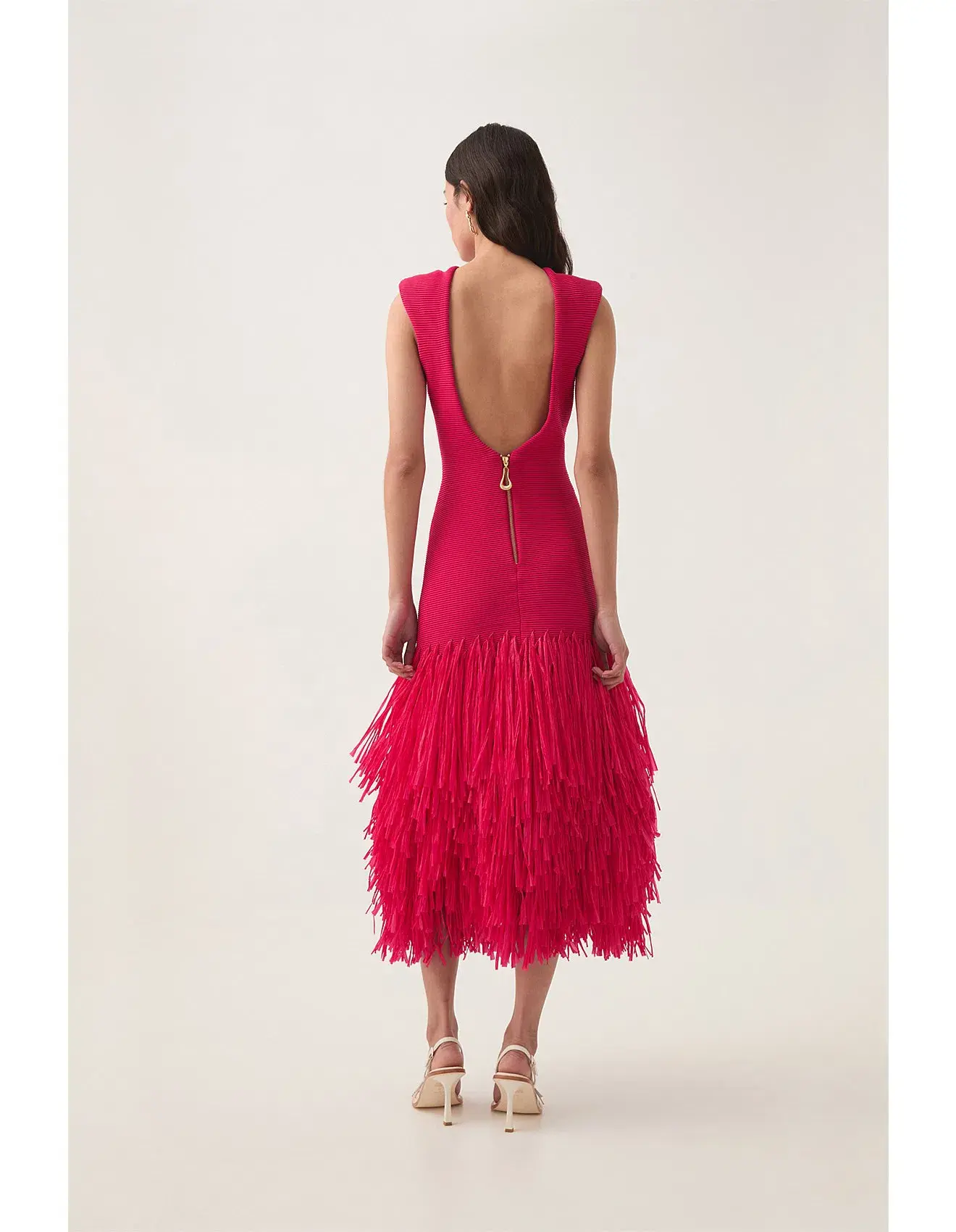 Aje Rushes Raffia Midi Dress in Fuchsia Pink Size L/Au 12 - Image 4