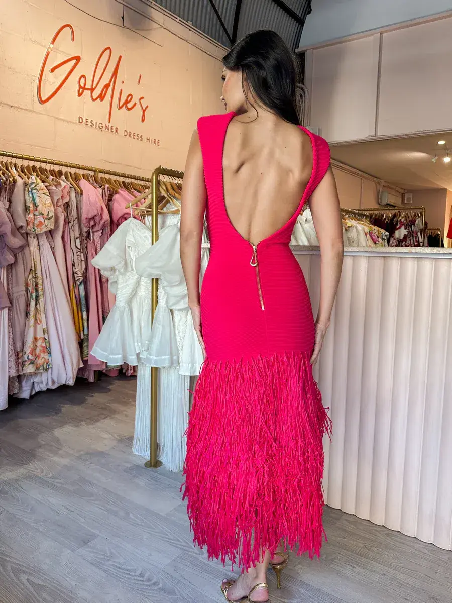 Aje Rushes Raffia Midi Dress in Fuchsia Pink Size L/Au 12 - Image 2