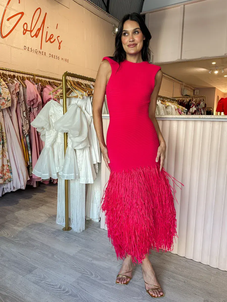 Aje Rushes Raffia Midi Dress in Fuchsia Pink Size L/Au 12 - Image 1