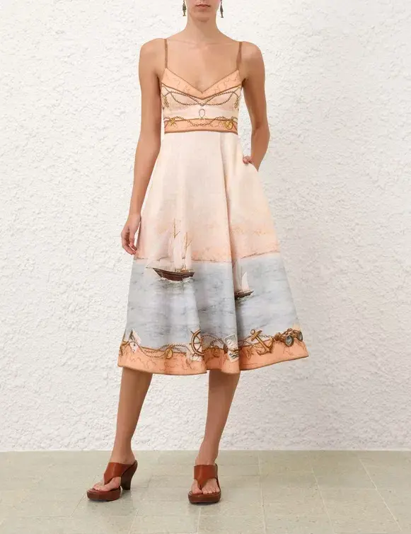 Zimmermann Scarborough Picnic Midi Dress in Peach Nautical Map - Image 1