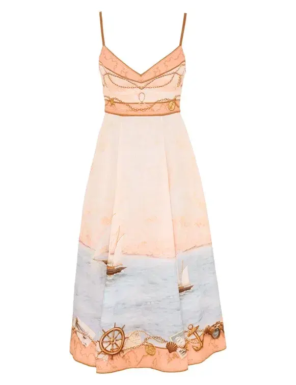 Zimmermann Scarborough Picnic Midi Dress in Peach Nautical Map - Image 6