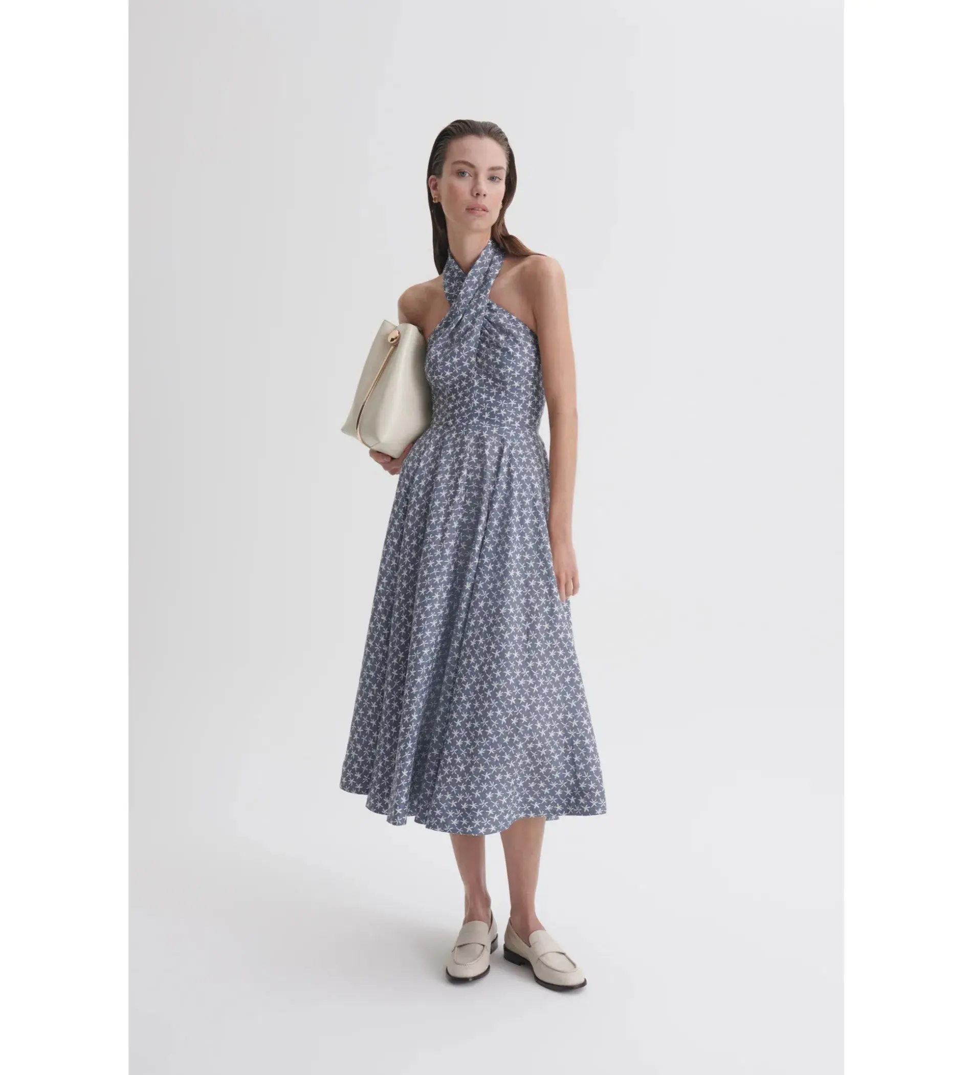 Scanlan Theodore Linen Printed Halter Midi Dress Blue White Size AU 6 - Image 1