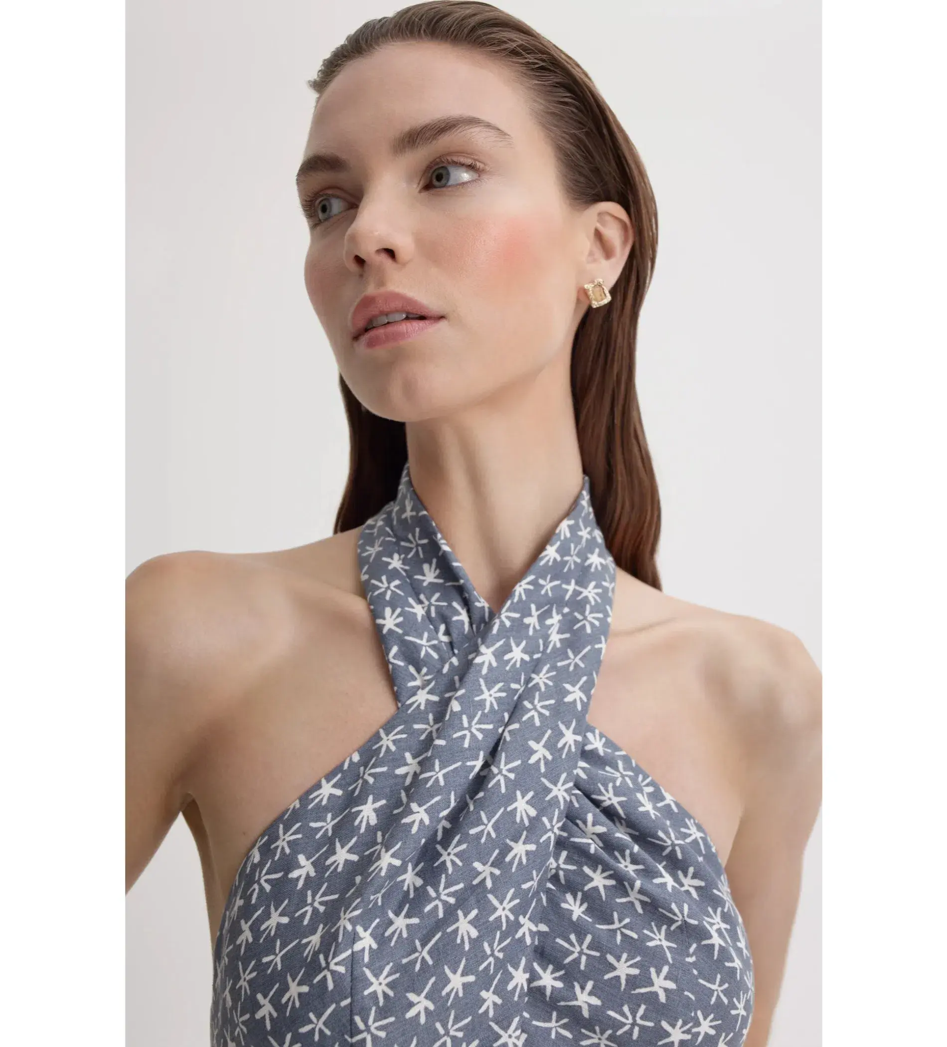 Scanlan Theodore Linen Printed Halter Midi Dress Blue White Size AU 6 - Image 5