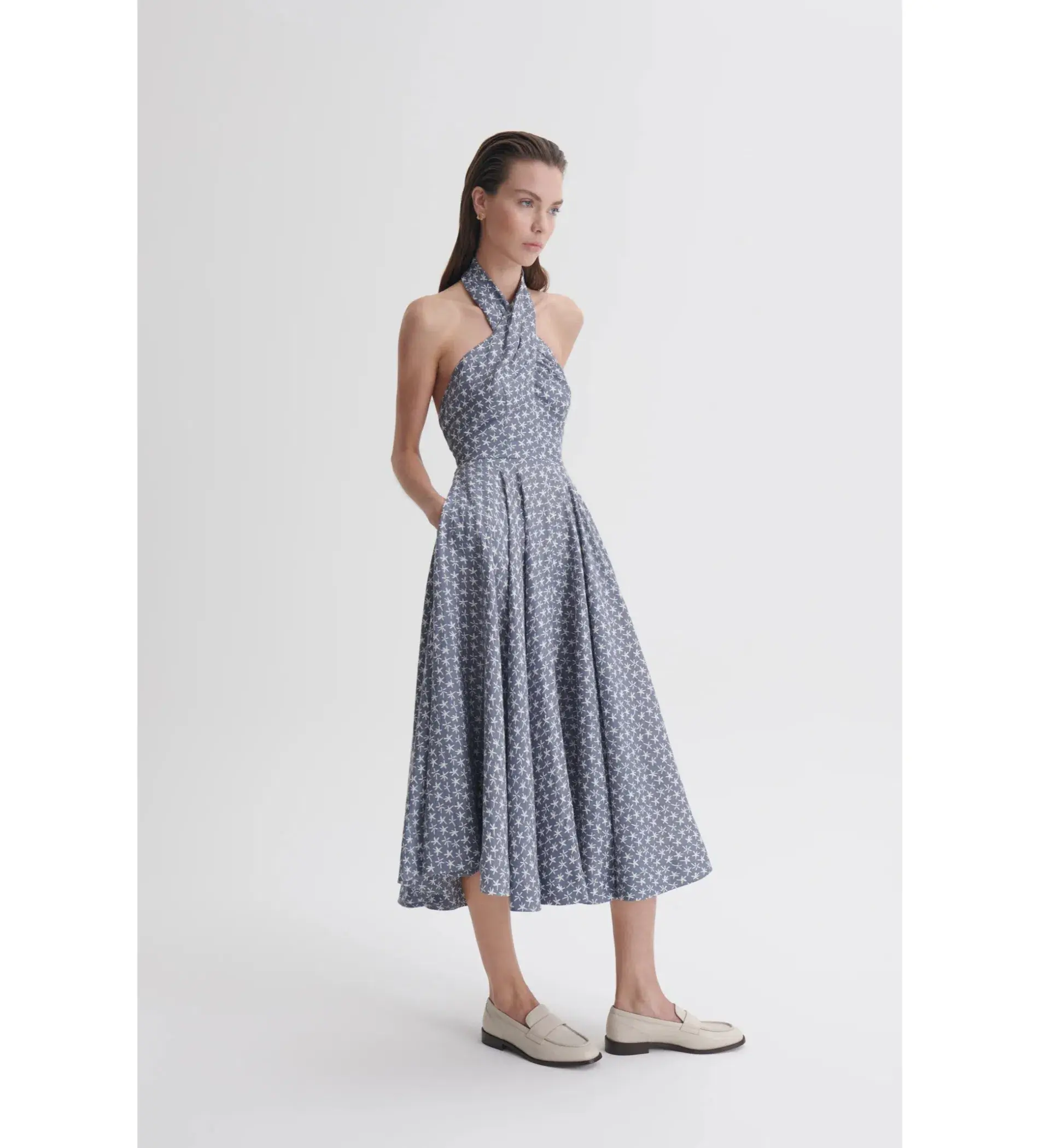 Scanlan Theodore Linen Printed Halter Midi Dress Blue White Size AU 6 - Image 2