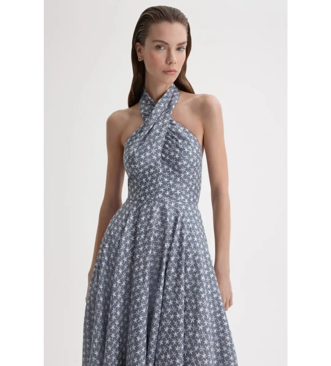 Scanlan Theodore Linen Printed Halter Midi Dress Blue White Size AU 6 for rent on The Volte - main image