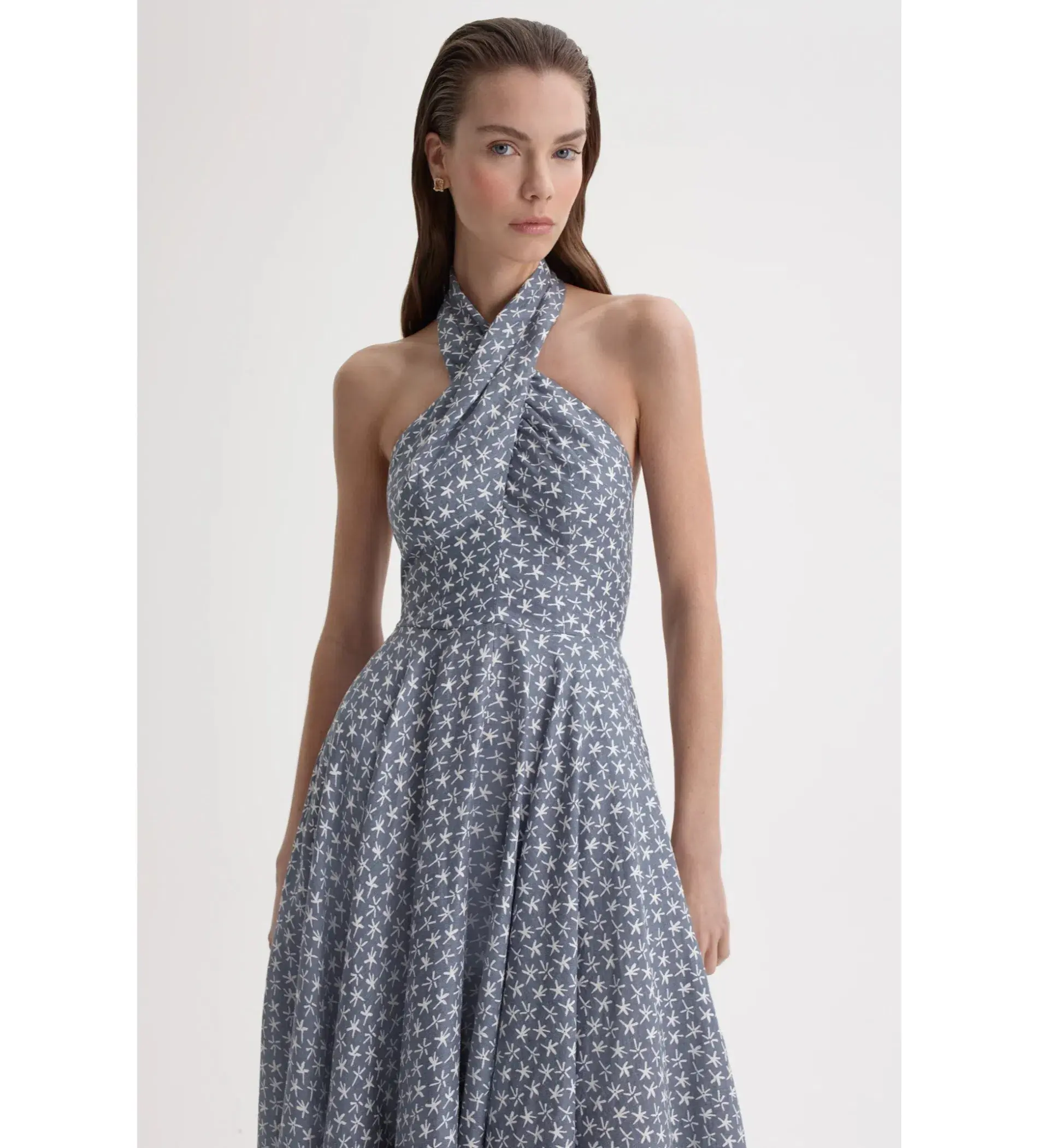 Scanlan Theodore Linen Printed Halter Midi Dress Blue White Size AU 6 - Image 6