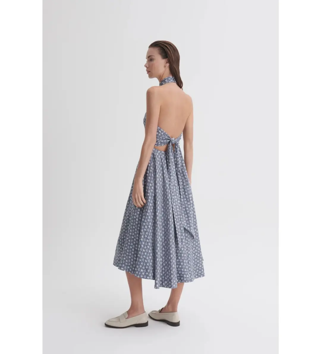 Scanlan Theodore Linen Printed Halter Midi Dress Blue White Size AU 6 for rent on The Volte - main image
