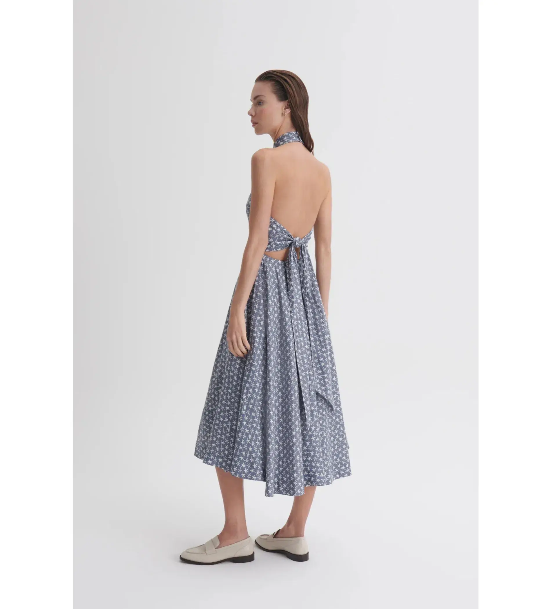 Scanlan Theodore Linen Printed Halter Midi Dress Blue White Size AU 6 - Image 3
