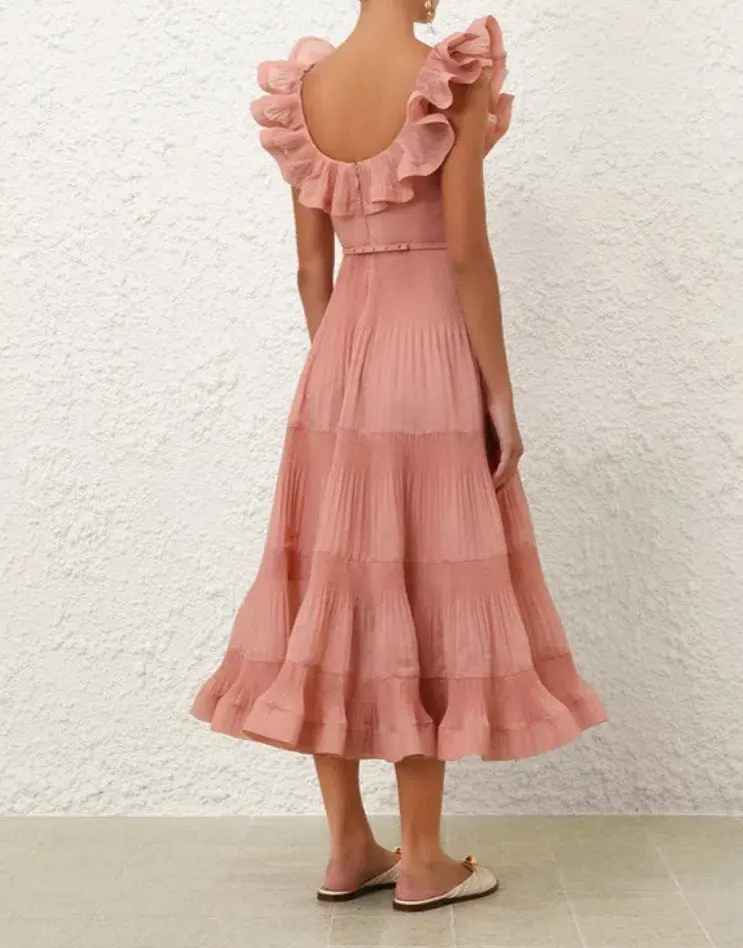 Zimmermann Pleated Frill Midi Dress Lipstick Pink Size 1/ AU 10 - Image 3