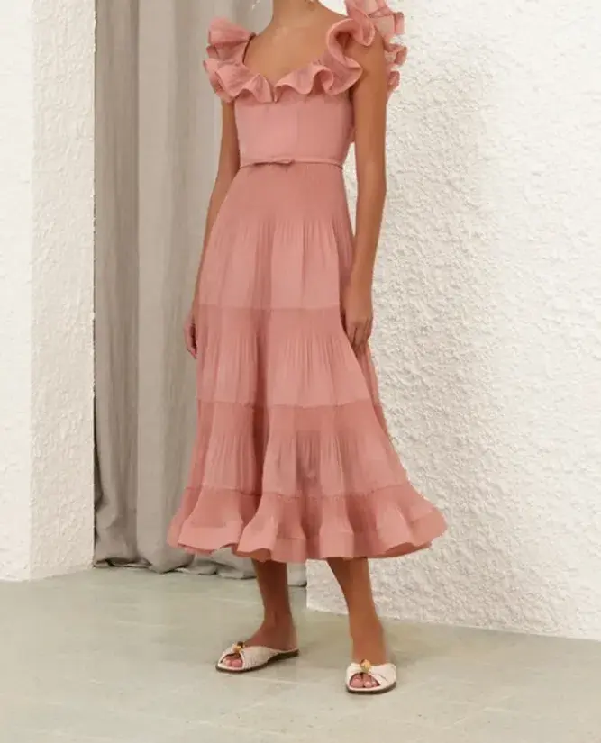 Zimmermann Pleated Frill Midi Dress Lipstick Pink Size 1/ AU 10 - Image 2