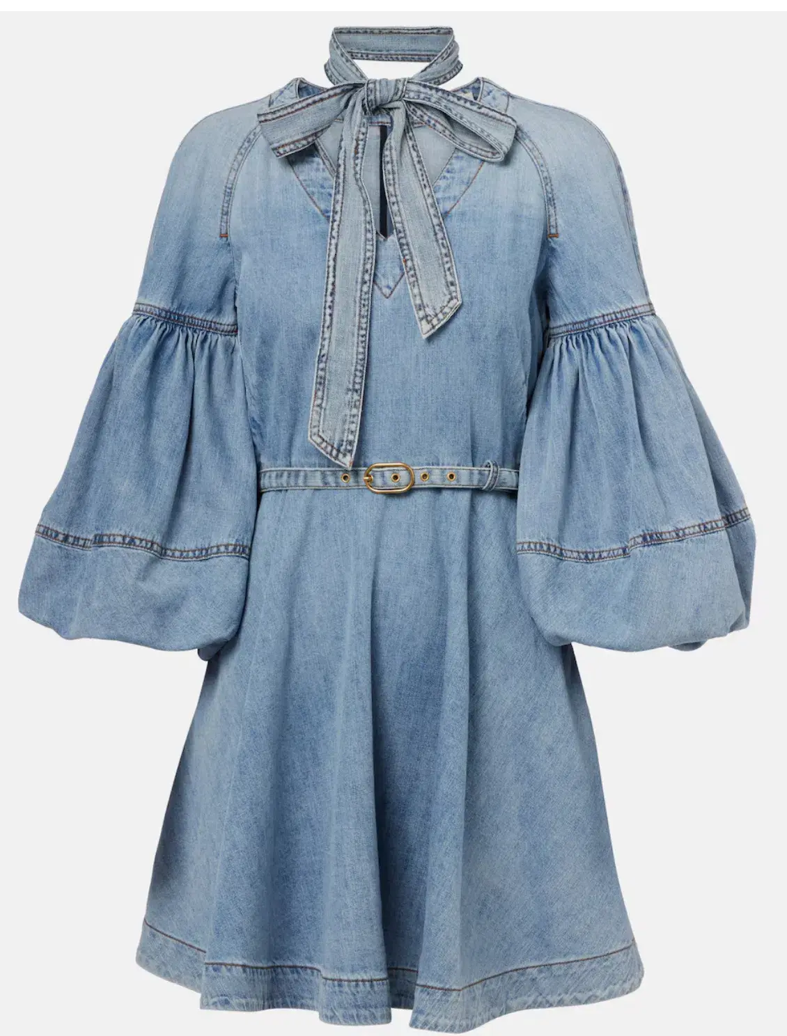 Zimmermann Tie-neck puff-sleeve denim minidress size 1 - Image 5