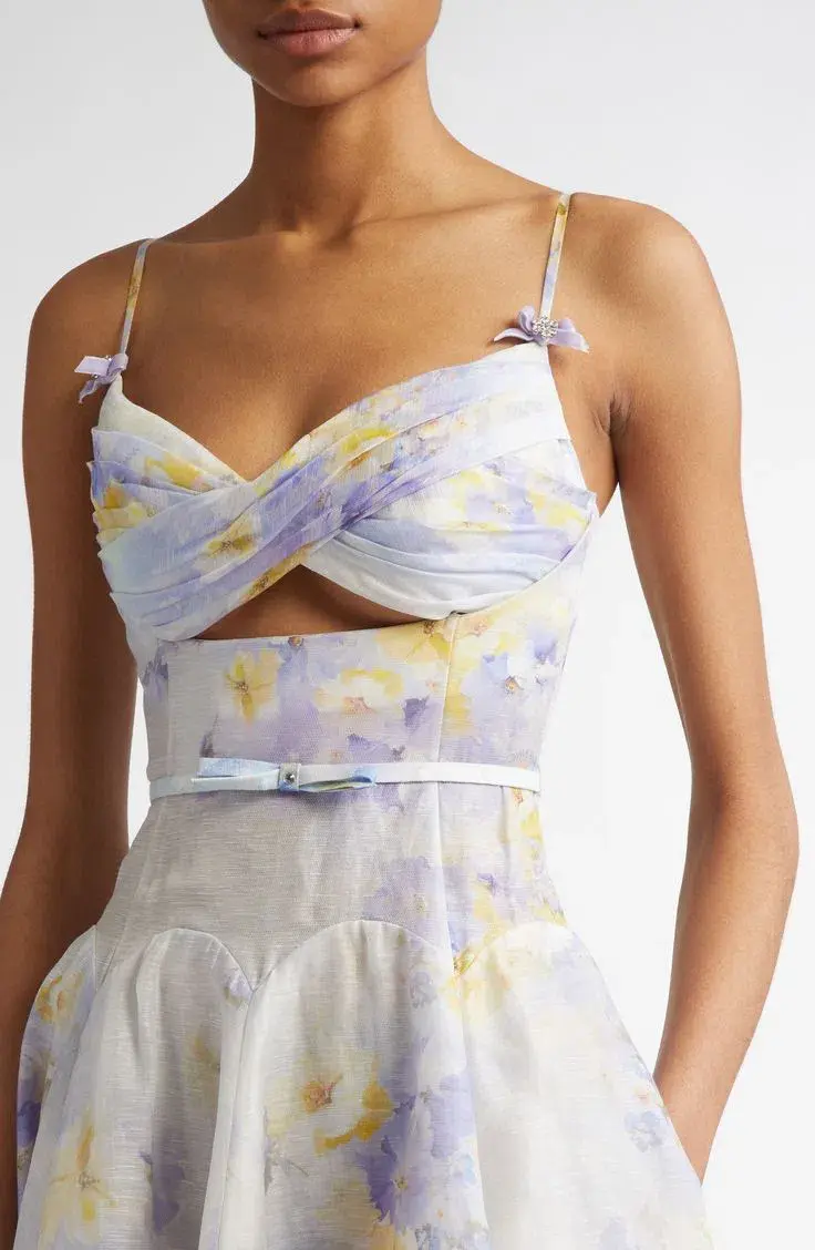Zimmermann Crush Twist Front Midi Dress Lilac Floral Size 3 AUS 14 - Image 3