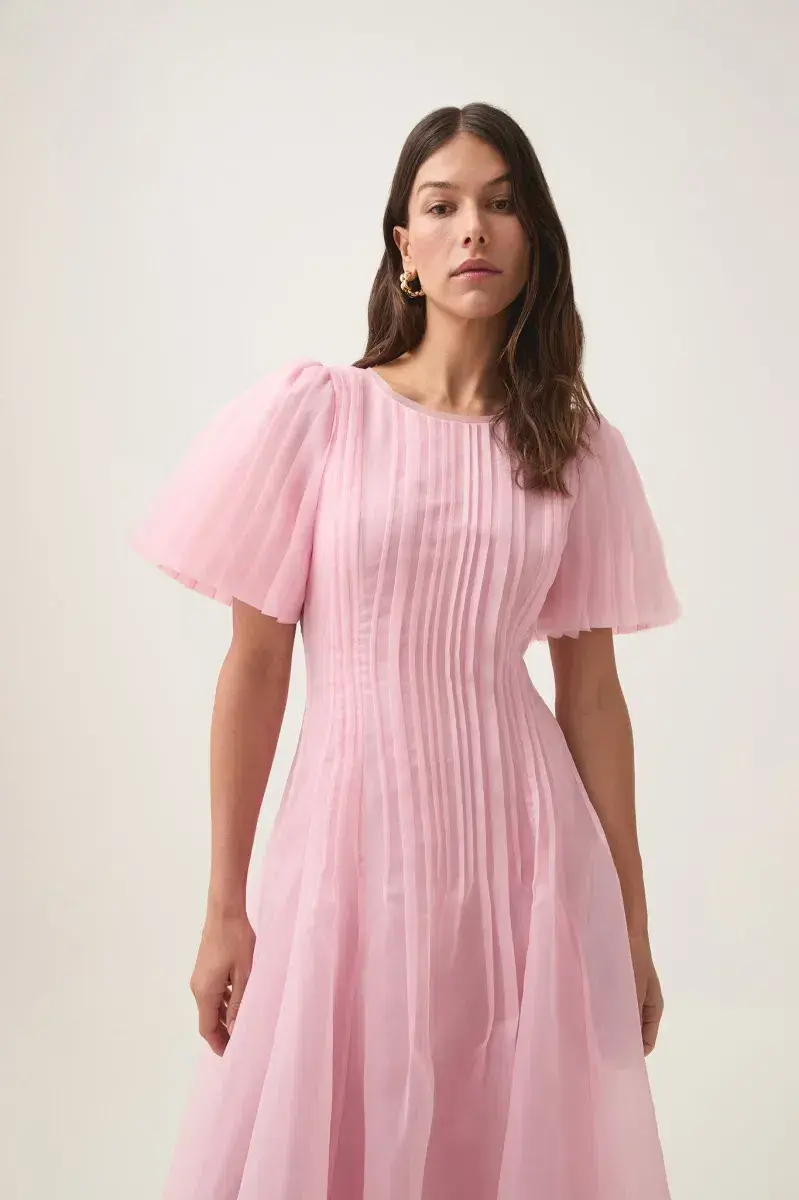 Aje Nova Pleated Midi Dress Chalk Pink Size AU 12 - Image 3