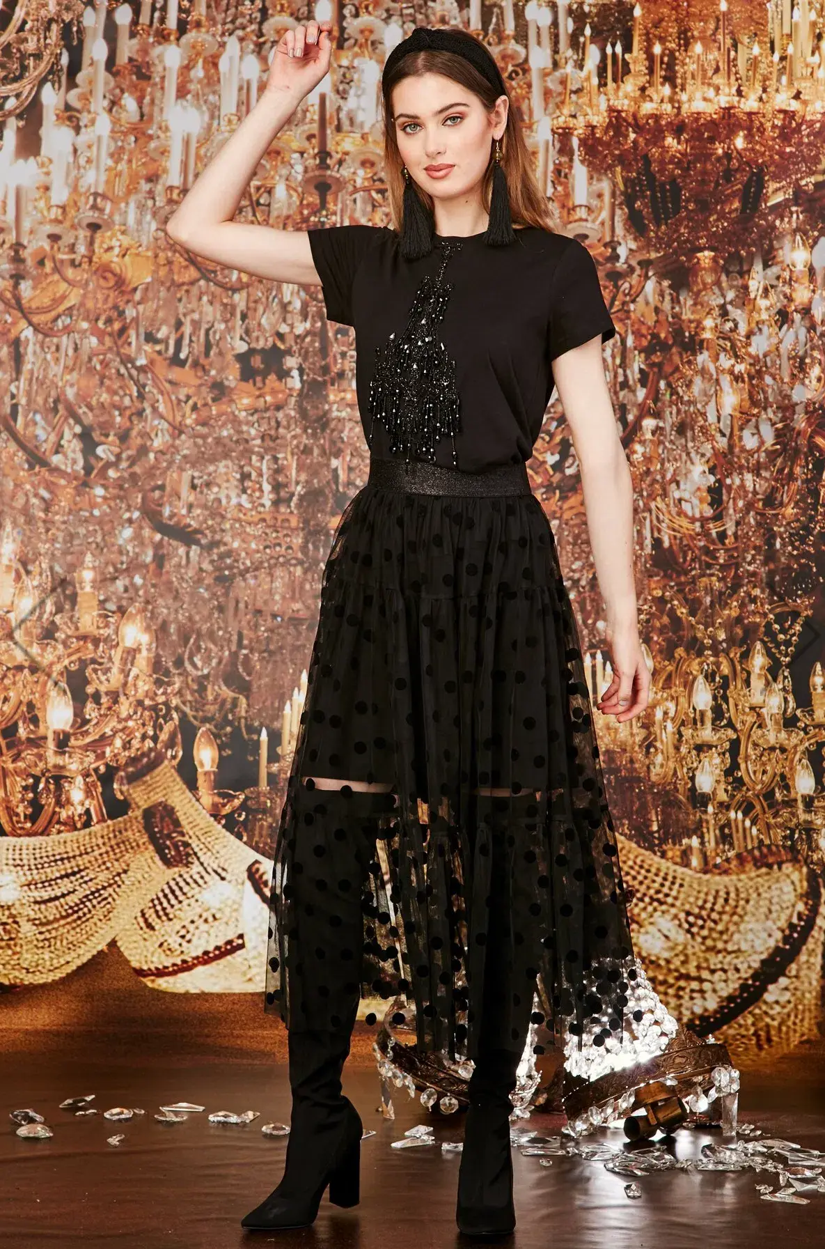 Trelise Cooper Tiers In The Stars Skirt Black Tulle Polka Dots Size L - Image 4