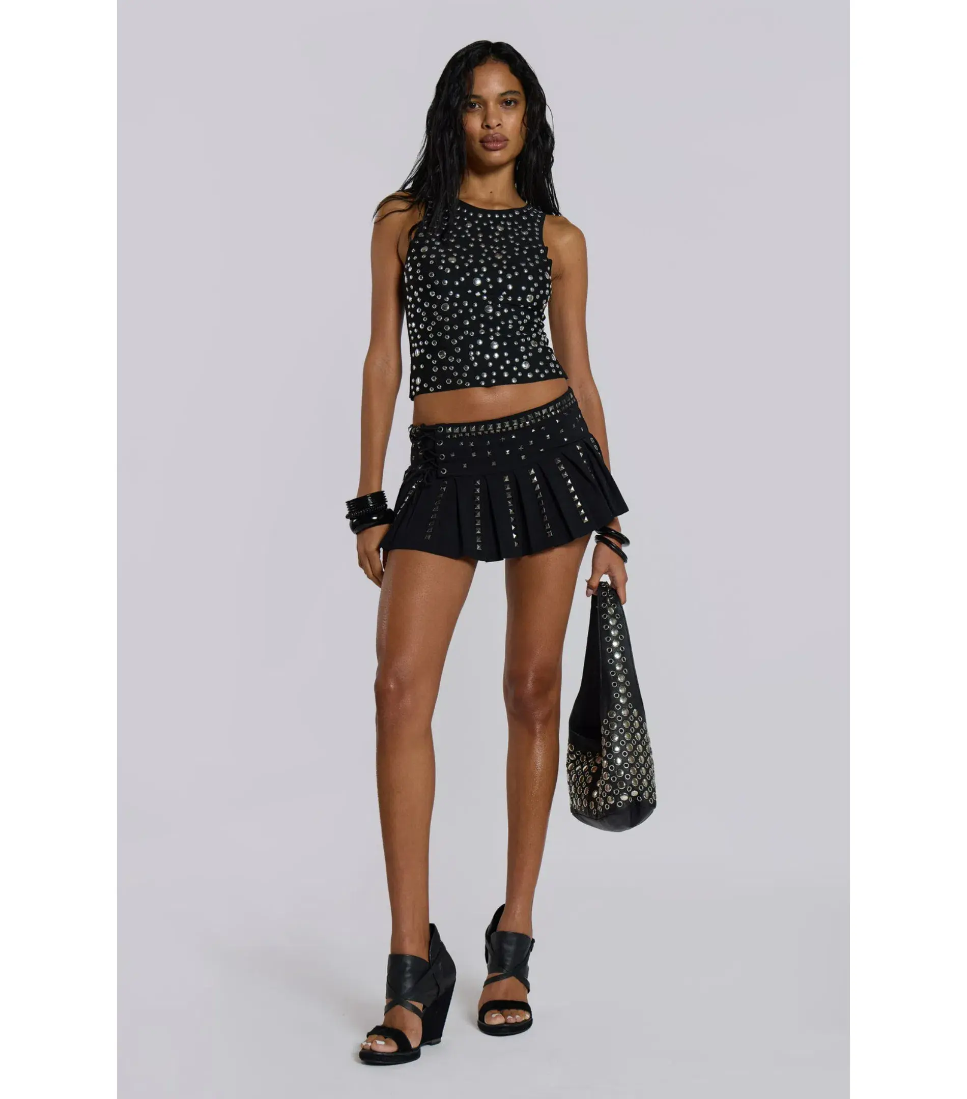 Jaded London Silvra Studded Vest and Onyx Studded Pleated Skirt Set Black Size XS / AU 6 - Image 1
