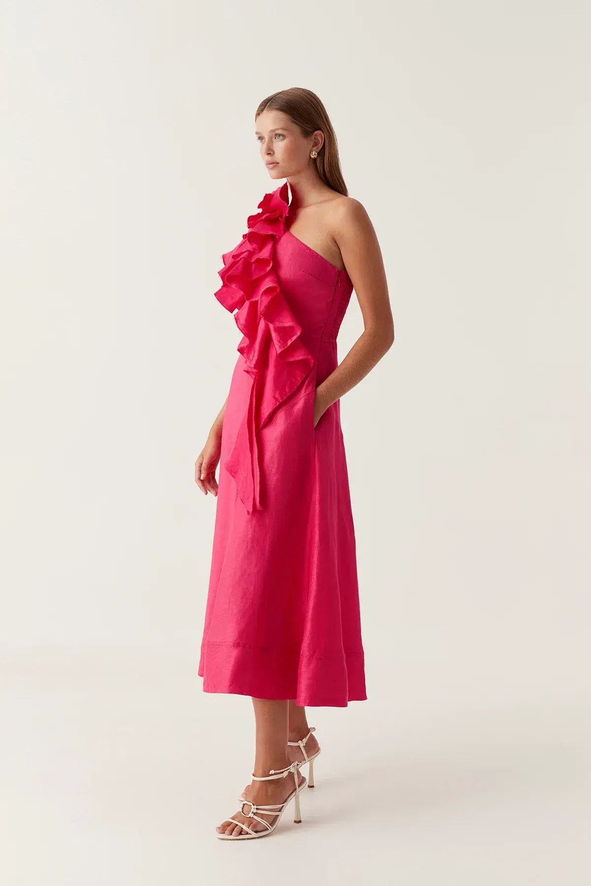 NEW Aje Adelia Ruffle Midi Dress in Bougainvillea Red Size 6 - Image 4