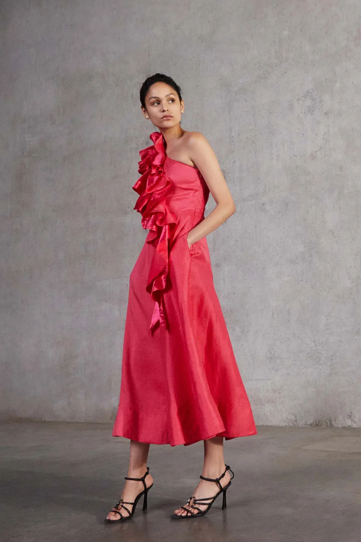NEW Aje Adelia Ruffle Midi Dress in Bougainvillea Red Size 6 - Image 1