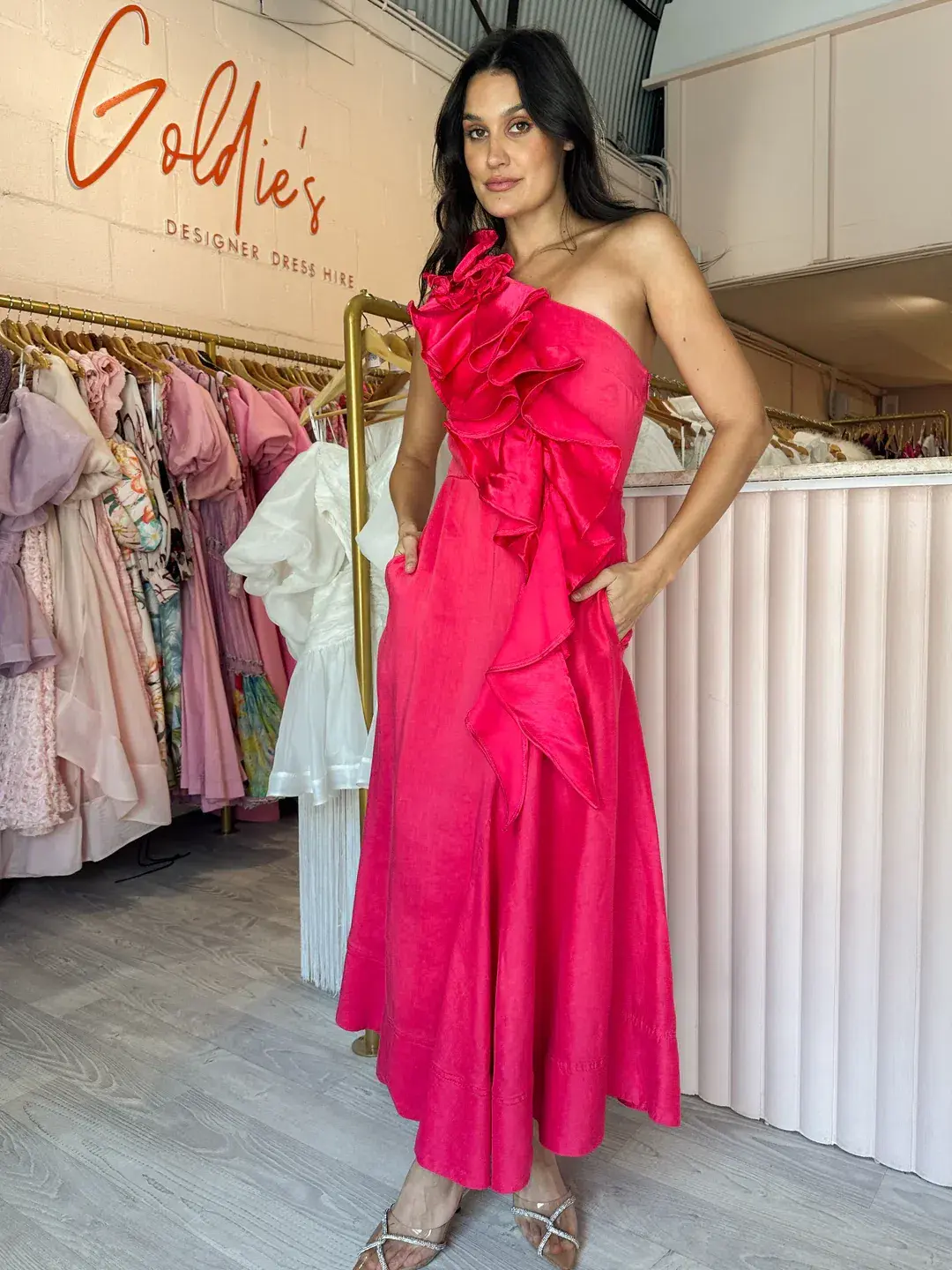 NEW Aje Adelia Ruffle Midi Dress in Bougainvillea Red Size 6 - Image 7