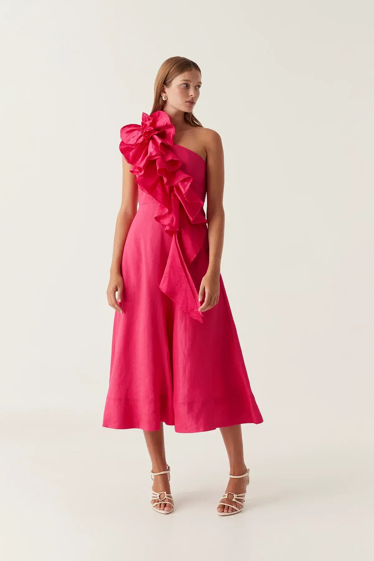 NEW Aje Adelia Ruffle Midi Dress in Bougainvillea Red Size 6 - Image 3