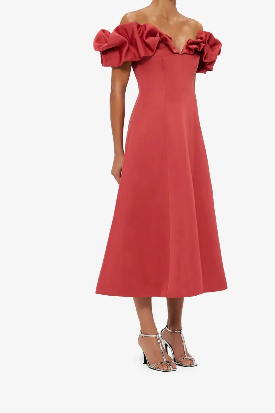 Leo Lin Annie Off Shoulder Frill Midi Dress Red 16 - Image 3