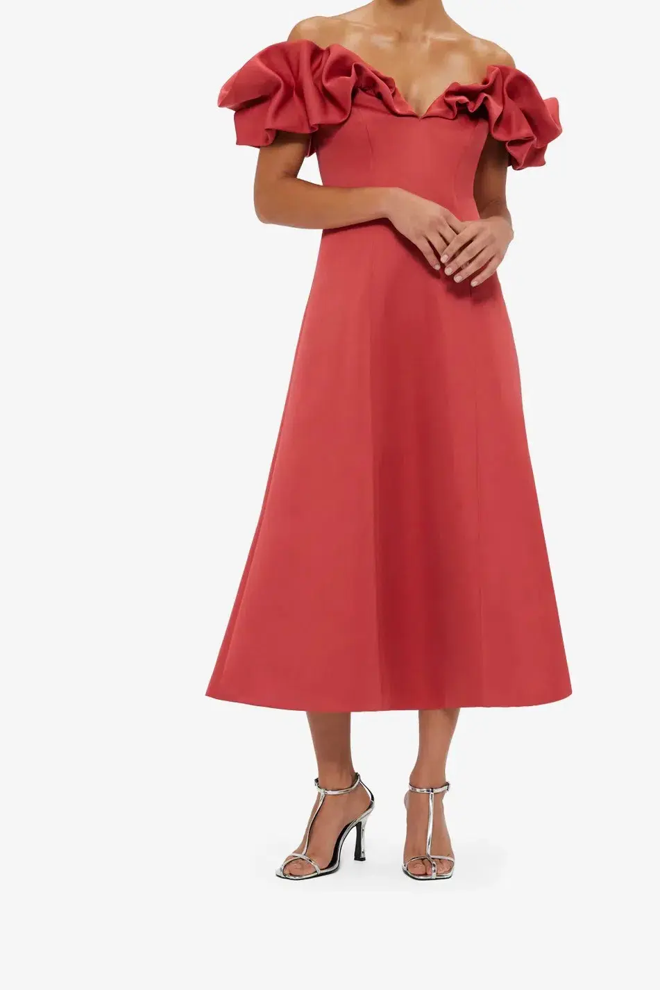 Leo Lin Annie Off Shoulder Frill Midi Dress Red 16 - Image 1