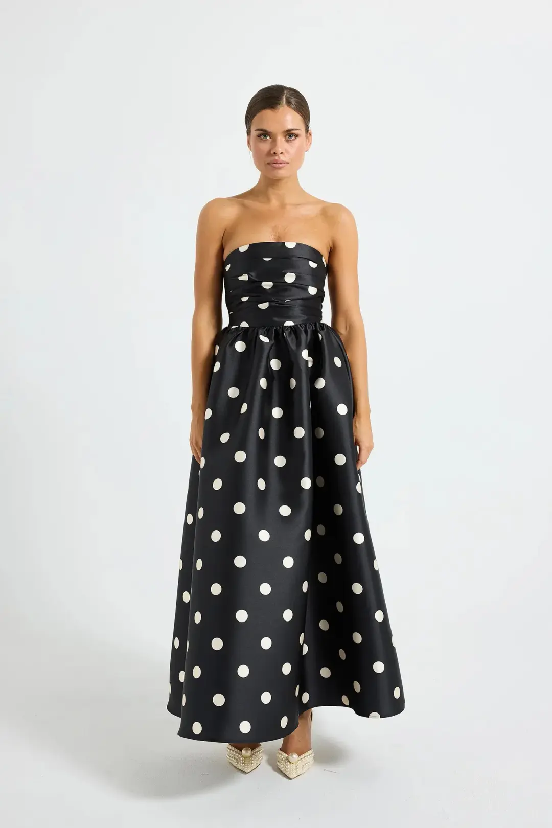Pasduchas Dottie Strapless Midi Dress Size 12 Polka Dot Black/cream Size 12  for rent on The Volte - main image
