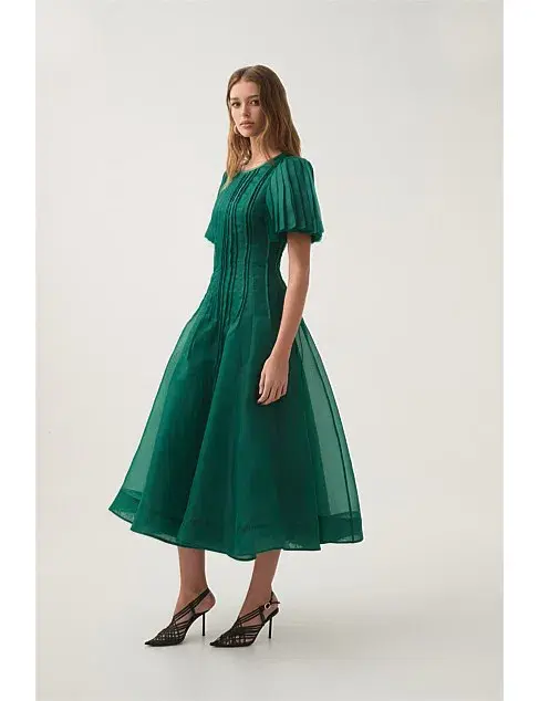 Aje Nova Pleated Midi Dress Emerald Green Size 16 - Image 3