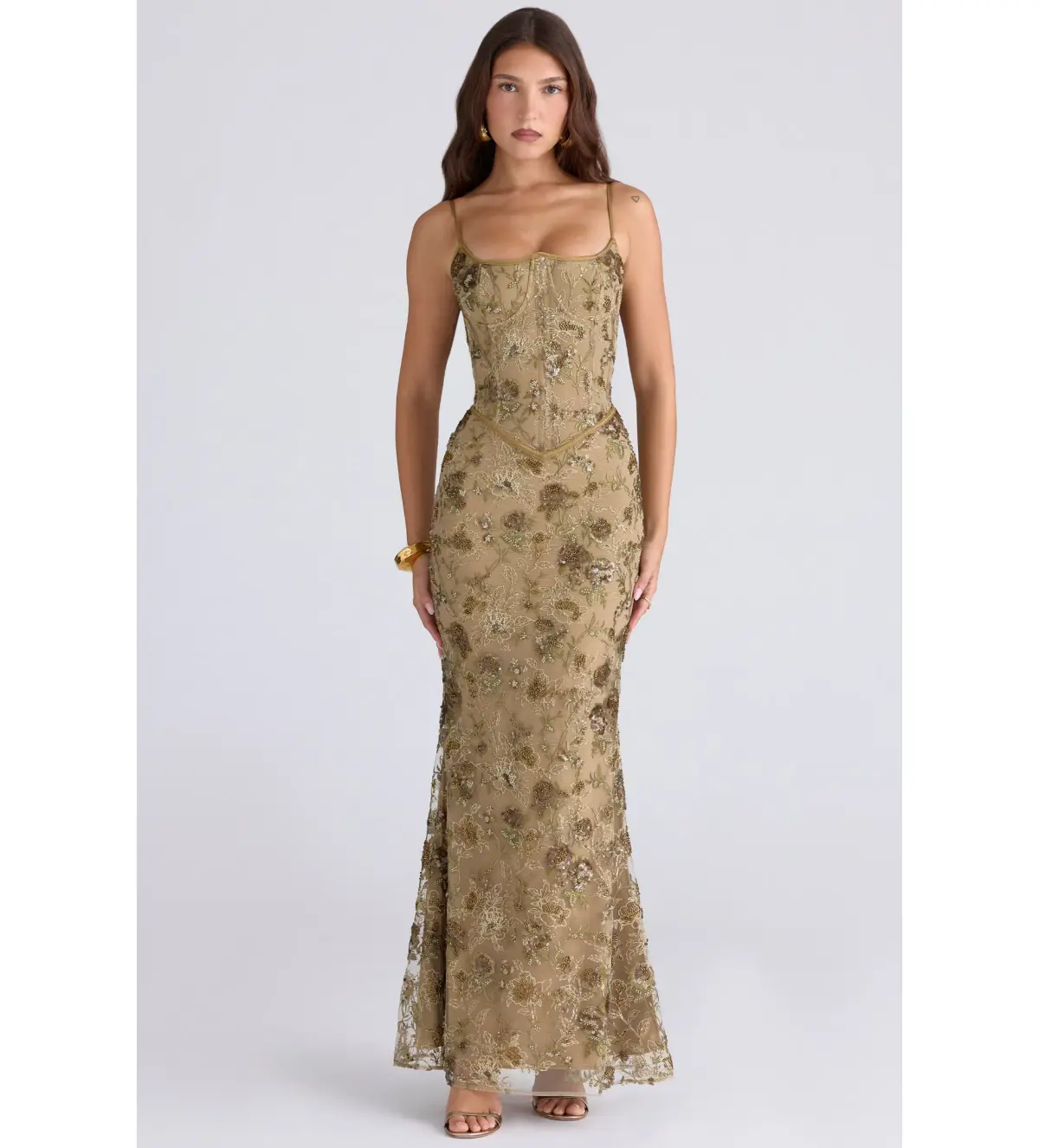 House of CB Naima Olive Bronze Hand Beaded Embellished Corset Maxi Dress Size M/Au 10  - Image 1
