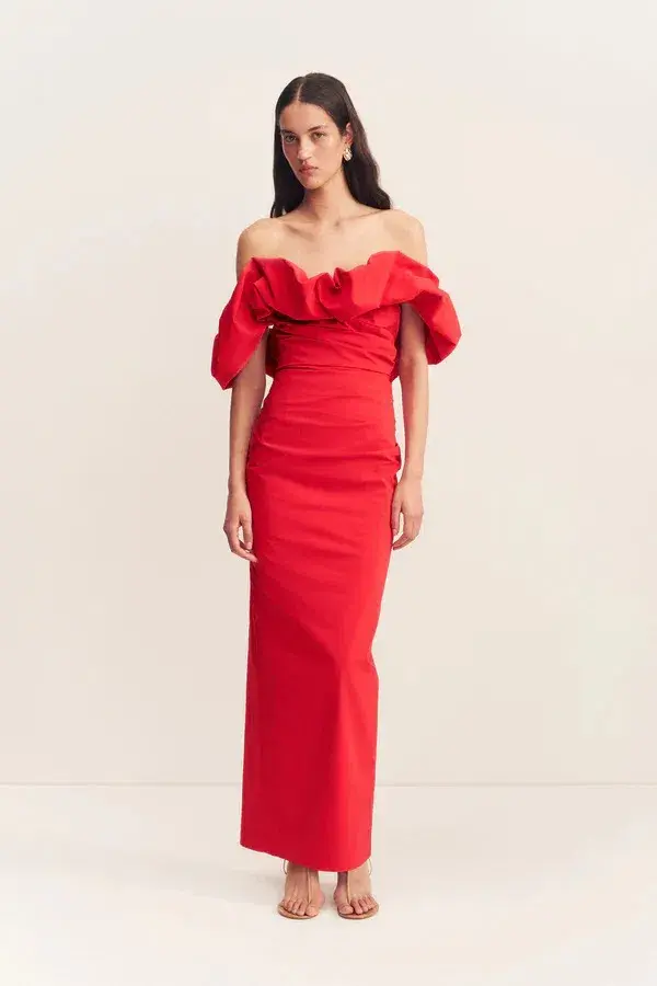 Shona Joy Campbell Off Shoulder Bubble Maxi Dress Goji Size AU 12  for rent on The Volte - main image