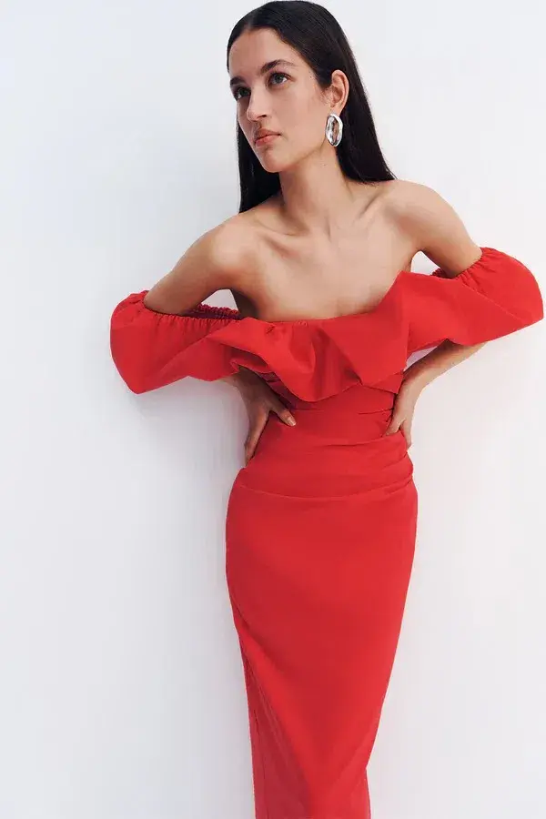 Shona Joy Campbell Off Shoulder Bubble Maxi Dress Size 12 Goji - Image 2