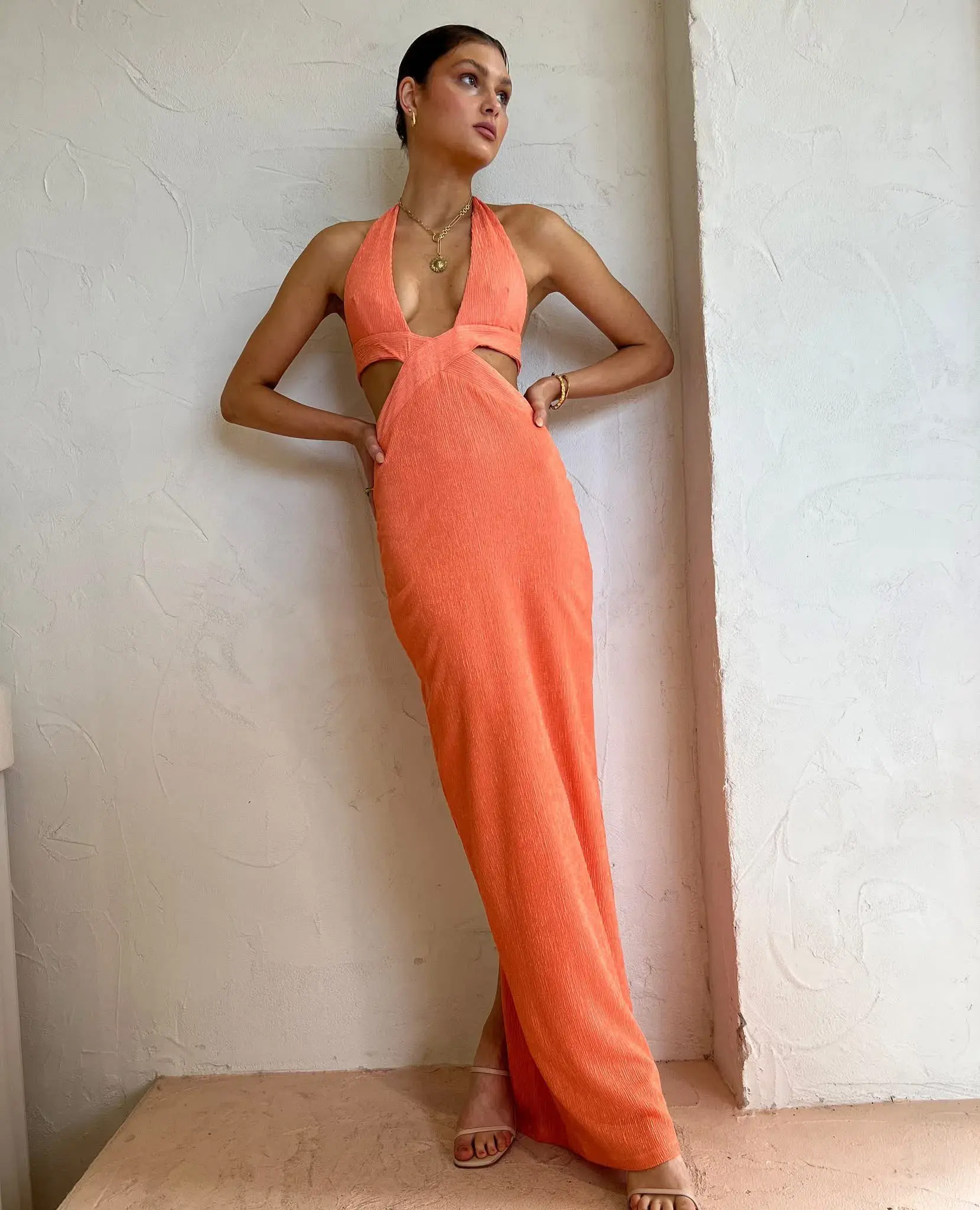 RUMER Willow Plunge Maxi in Peach Size M - Image 1