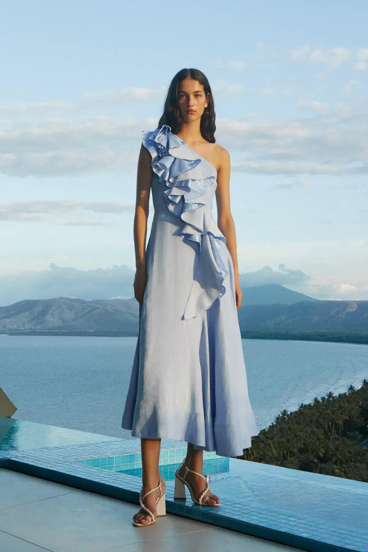 Aje Adelia Ruffle Midi Dress in Sky Blue Size AU 8 - Image 5