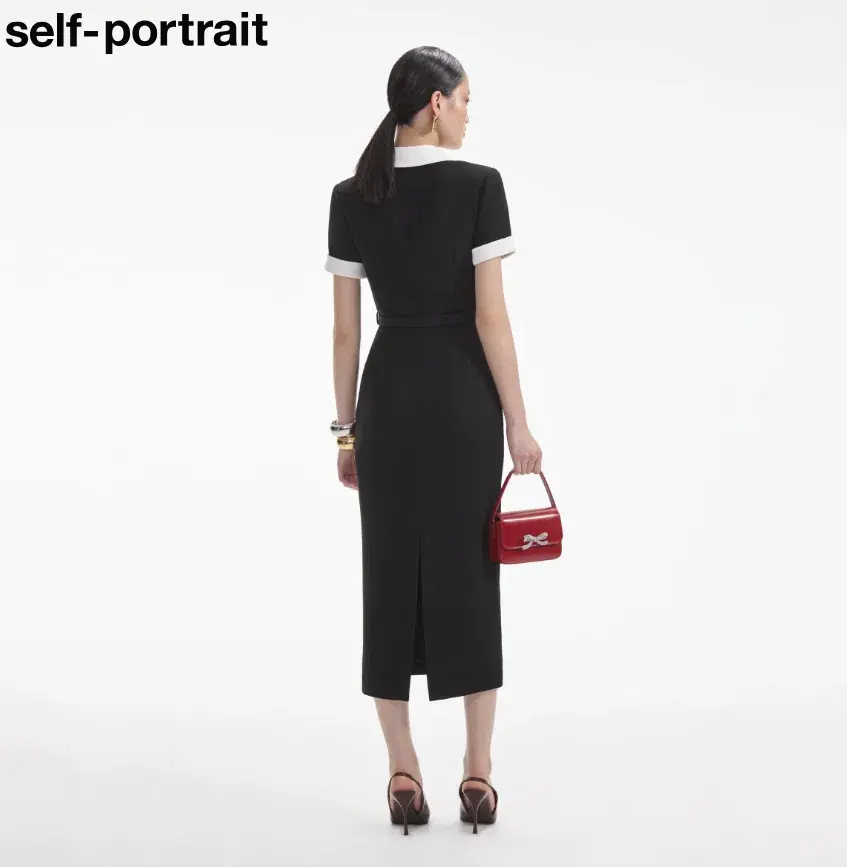 Self Portrait Black Crepe Contrast Midi Dress - Size 8 (Small) - Image 2