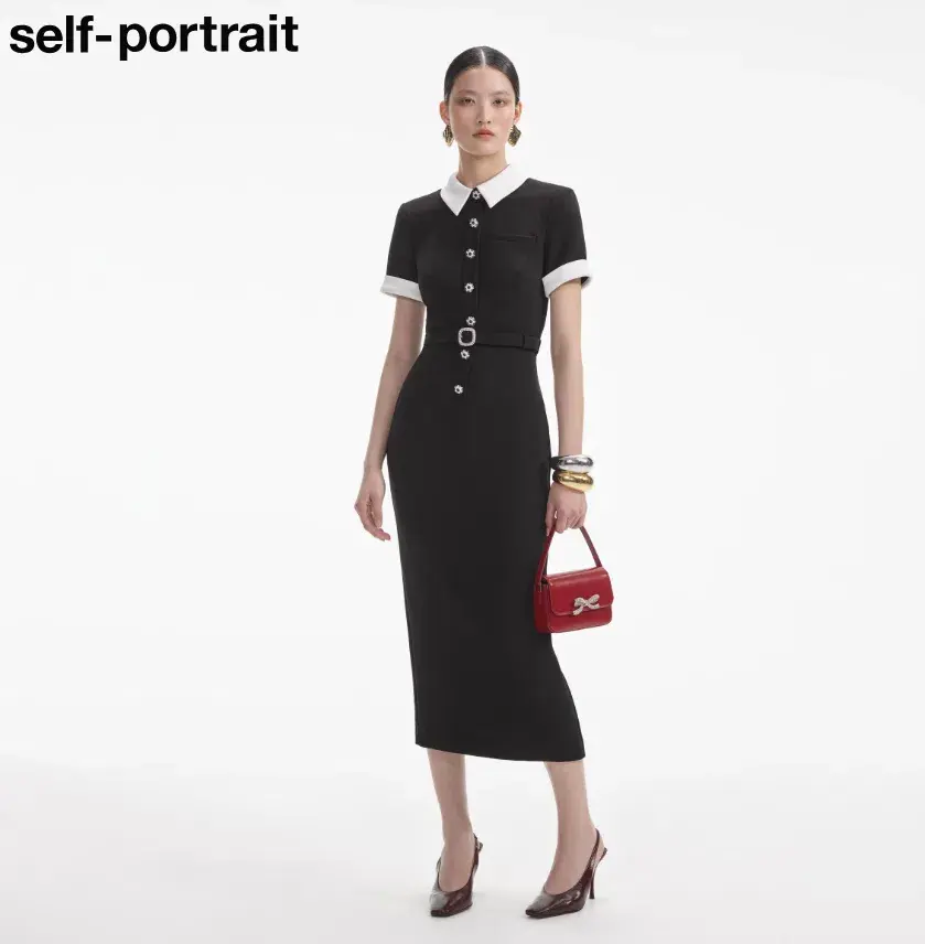 Self Portrait Black Crepe Contrast Midi Dress - Size 8 (Small) - Image 1