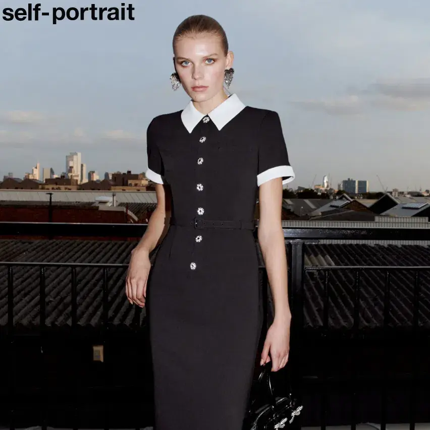 Self Portrait Black Crepe Contrast Midi Dress - Size 8 (Small) - Image 3
