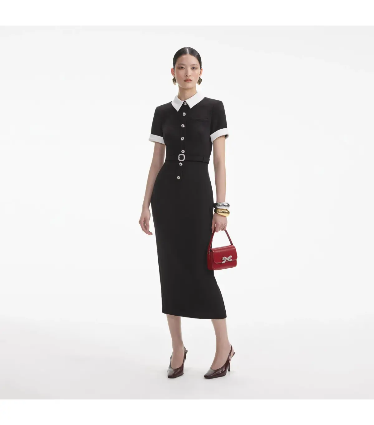 Self Portrait Crepe Contrast Midi Dress Black Size S / AU 8 - Image 1