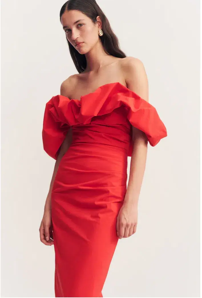 Shona Joy Campbell Off Shoulder Bubble Maxi Dress - Goji. Size Au 14 - Image 1