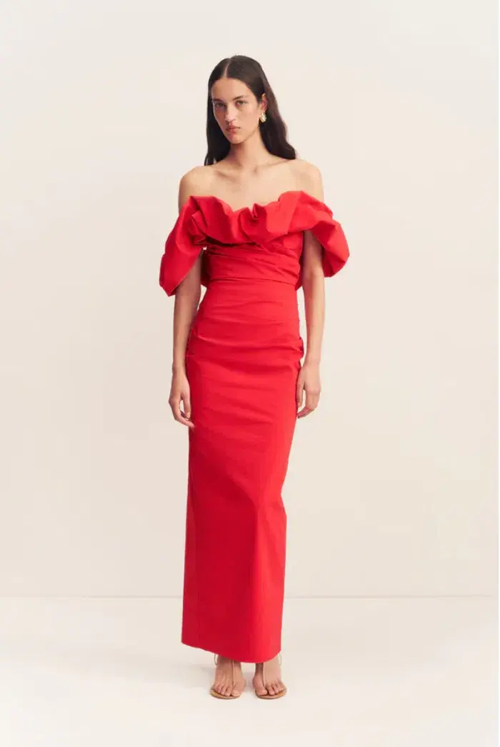 Shona Joy Campbell Off Shoulder Bubble Maxi Dress - Goji. Size Au 14 - Image 2