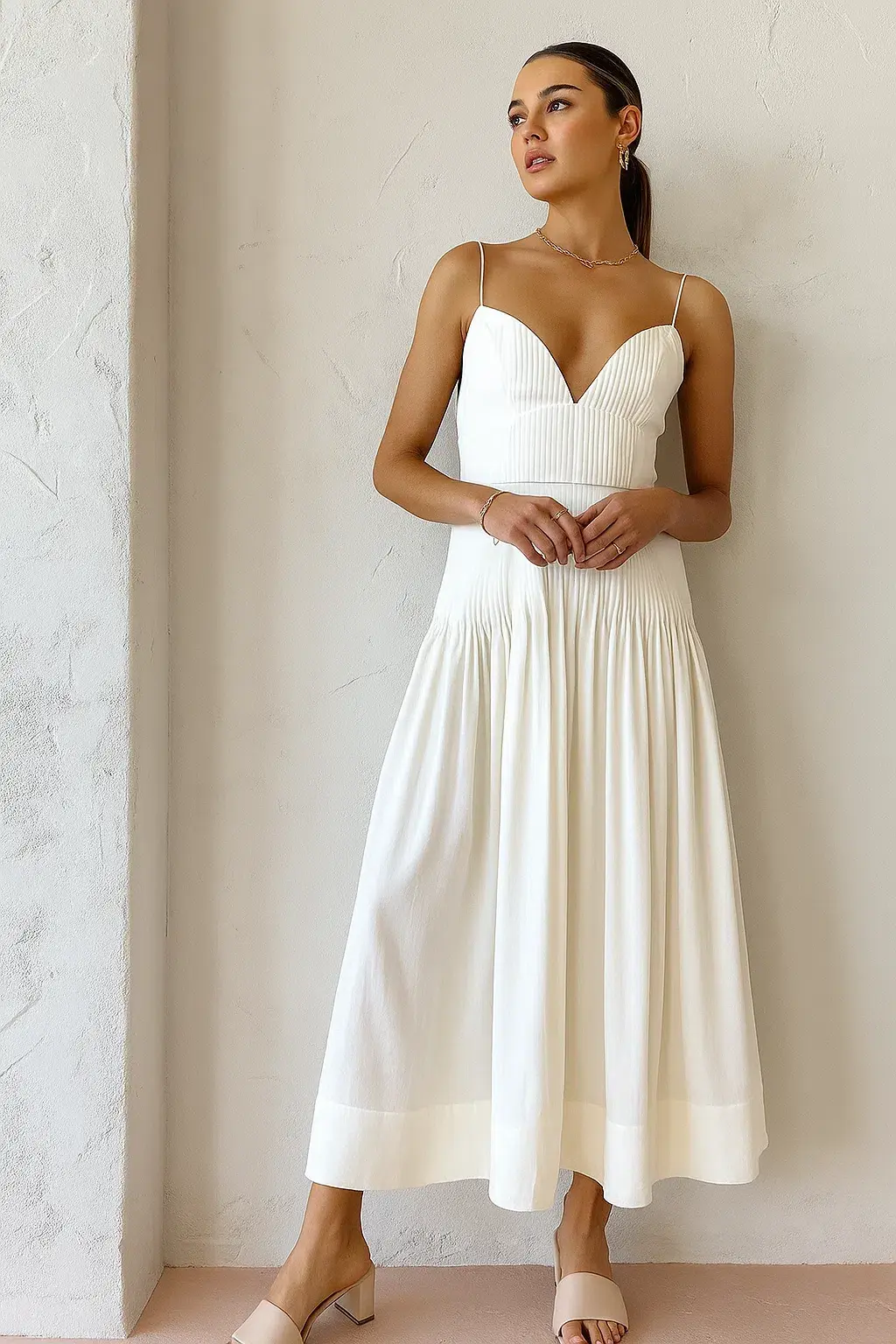 Clea Cameron Pin Tuck Midi Dress White Size AU 8 - Image 1