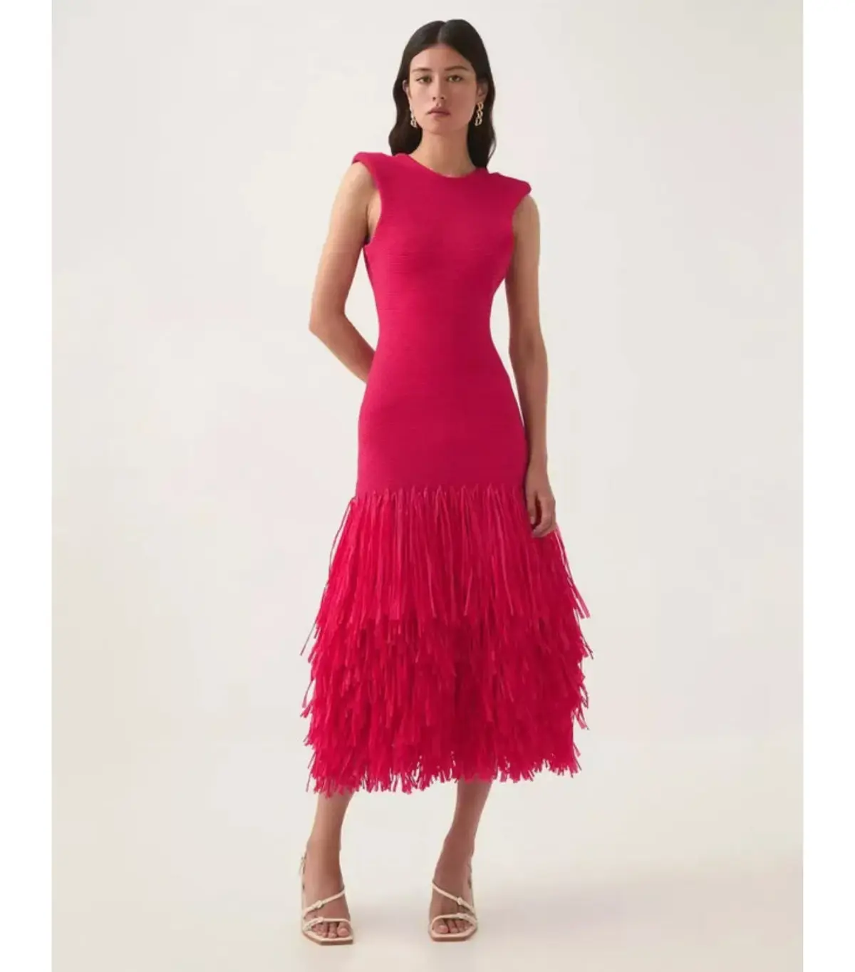 Aje Rushes Raffia Knit Midi Dress Deep Fuschia Size AU 8  - Image 1
